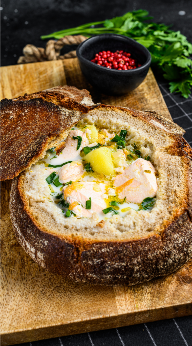 Creamy Salmon Chowder in a Bread Bowl